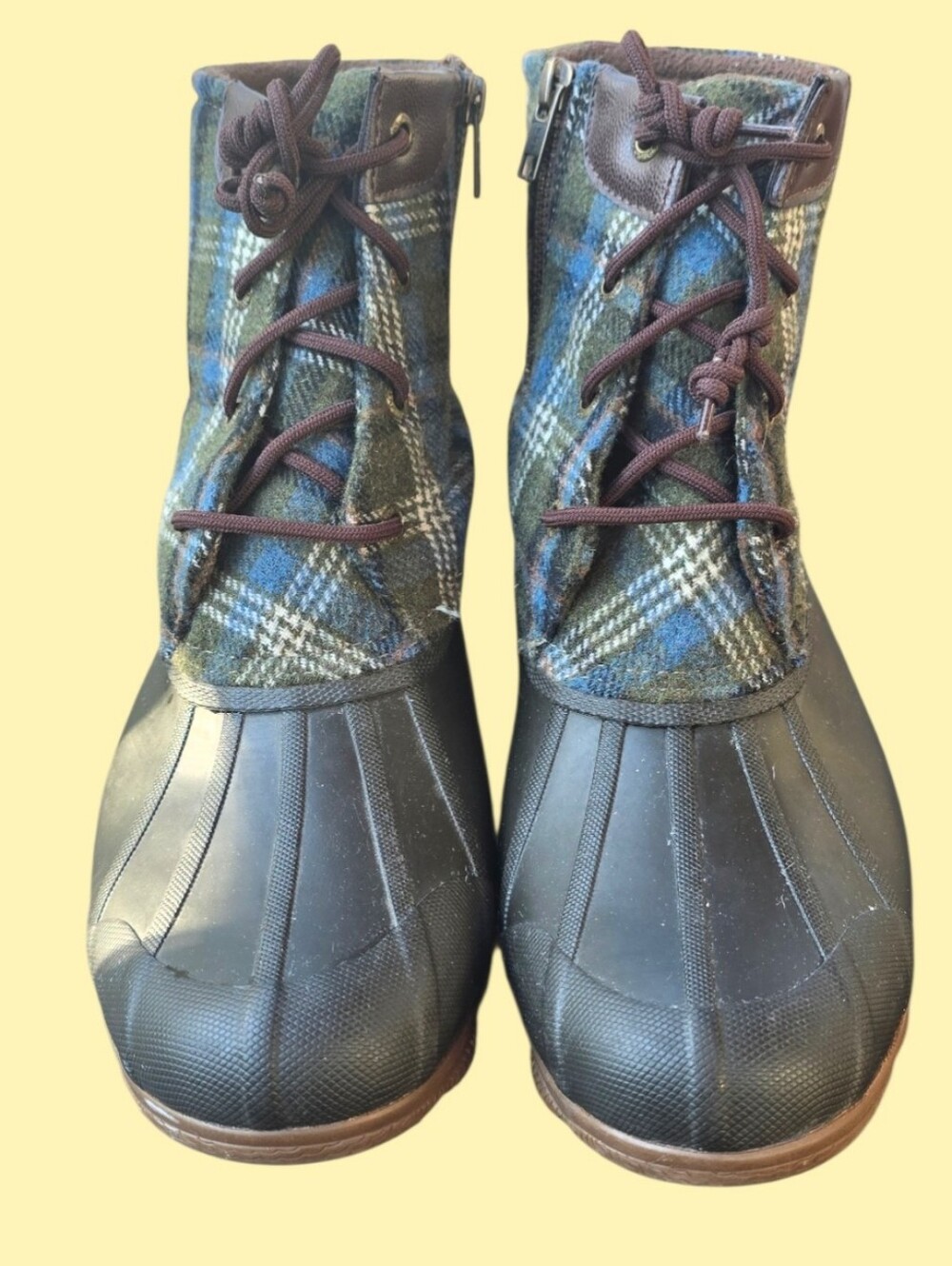 Sperry Plaid Lace-Up Duck Boots in Blue, Brown and Green